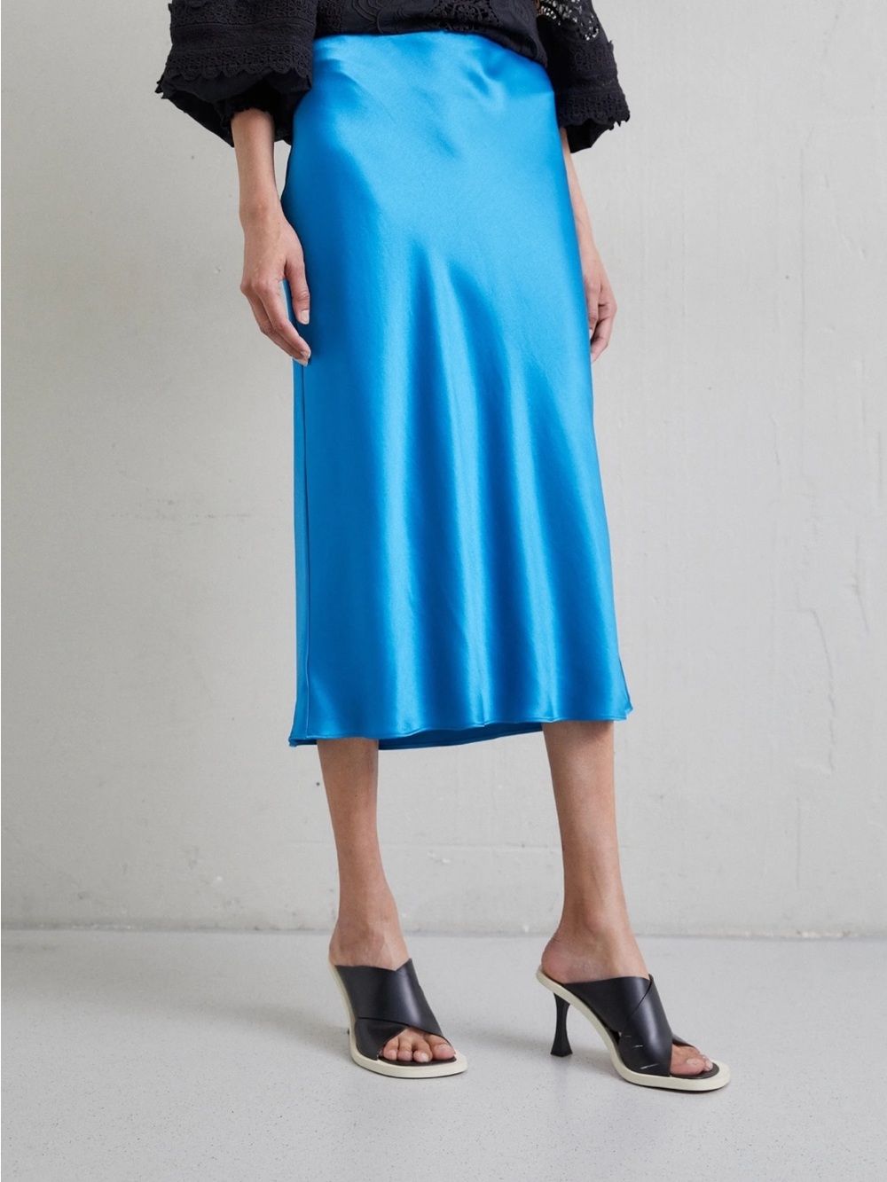 STAUD Satin Electric Blue Midi Skirt Side Zipper Slip Skirt 14